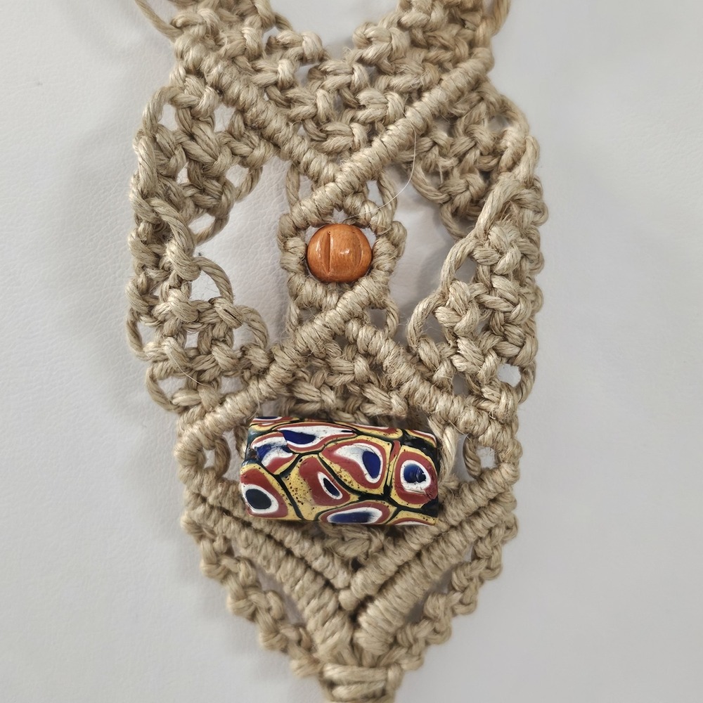 Vintage Macrame African Trade Bead Glass Boho Wood Tassel